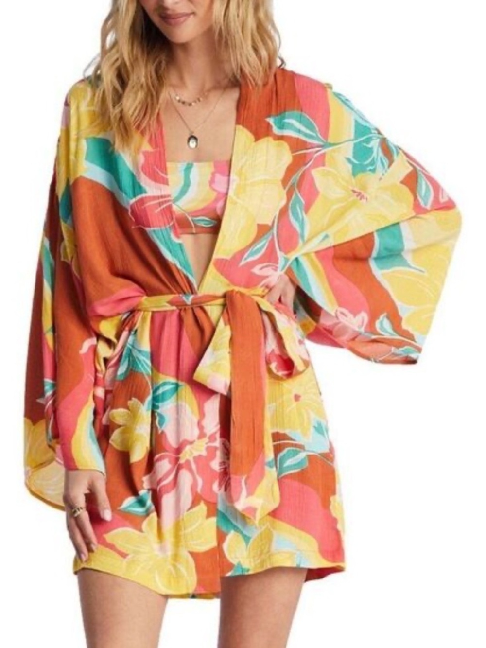 BillabongTropical Floral Tie-Waist Kimono Multi-Color